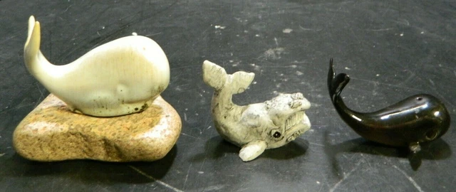 Vintage Lot Of (3) Whale Figurines (Right, 2 Sperm) Porcelain & Stone Excellent