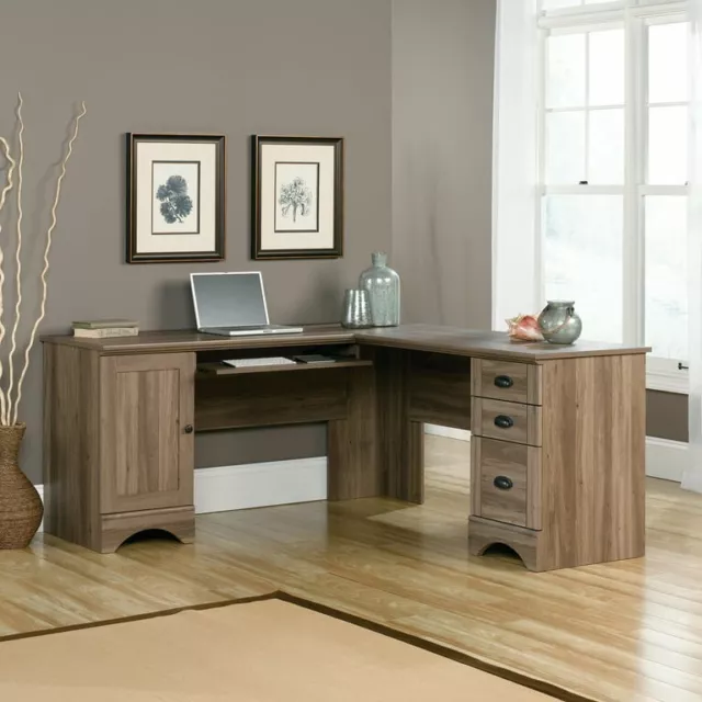 Sauder Harbor View Contemporary Wood L Shaped Computer Desk in Salt Oak