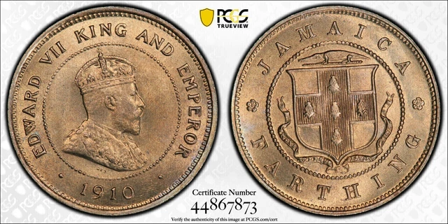 British Jamaica, 1910 Farthing, 1/4 Penny. PCGS MS 66. 48,000 Mintage. Key Date.