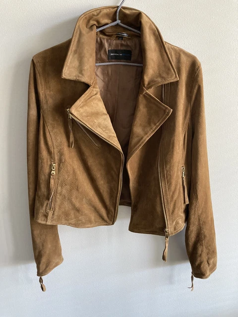 ROCKANDBLUE Amira Women's Cognac Suede Leather Moto Jacket Size: 40/ L /US 10