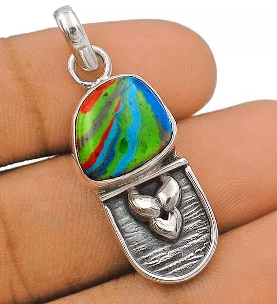 Natural Rainbow Calsilica 925 Solid Sterling Silver Pendant, JH8-6