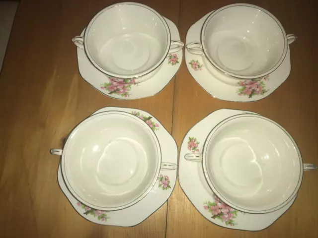 James Kent Apple Blossom 4 sets cream soup cups & underplates 3