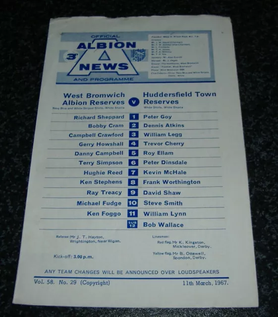 WBA Reserves v Huddersfield Reserves 1966/67