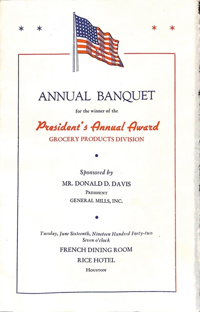 1942 General Mills Rice Hotel Presidents Annual Award Banquet Program CPB1