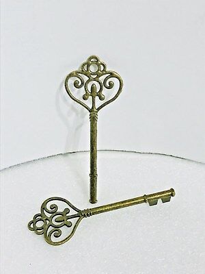 Two Ornate Metal Skeleton Keys Decor Pendant Steampunk Vintage Style Charm 3.5”
