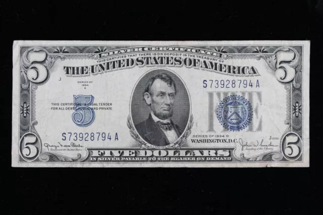 $5 1934D blue seal Silver Certificate Circulated S73928794A Exact Note Shown