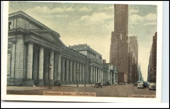 New York City USA vintage postcard ~1930 street view the Pennsylania Station Car