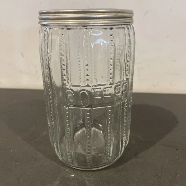 VTG Hoosier Style Ribbed Glass Embossed Coffee Canister Jar with Aluminum Lid