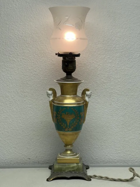 Antique Vintage French Old Paris Porcelain Onyx Gilt Cut Glass Boudoir Deco Lamp