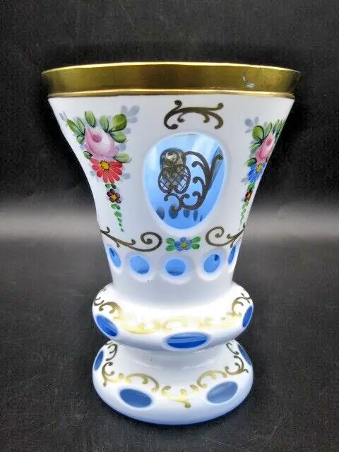 BOHEMIAN / CZECH. CASED WHITE & CUT TO BLUE GLASS VASE. HAND-PAINTED 1970's