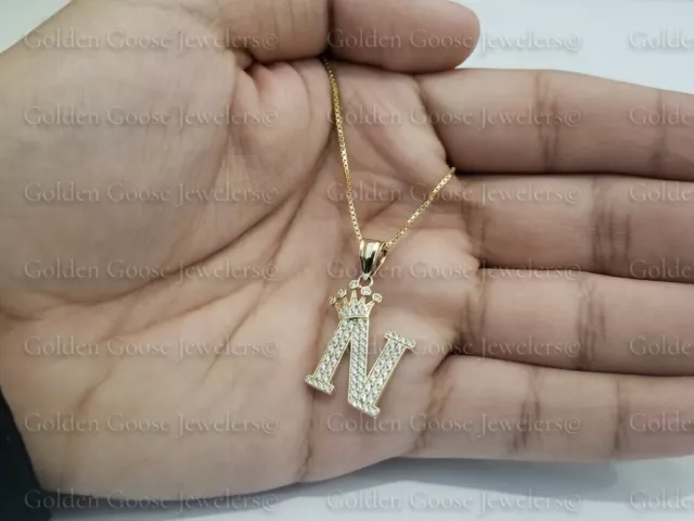 10K Sale Yellow Gold Crown Initial Alphabet Letter N Pendant Charm King Chain CZ