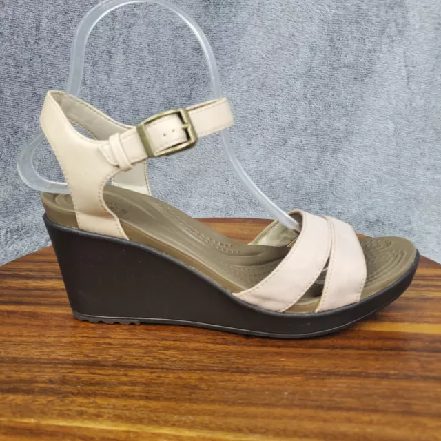 Crocs Leigh II Sandals Women's 8 Beige Ankle Strap Buckle Comfort Wedge Shoes