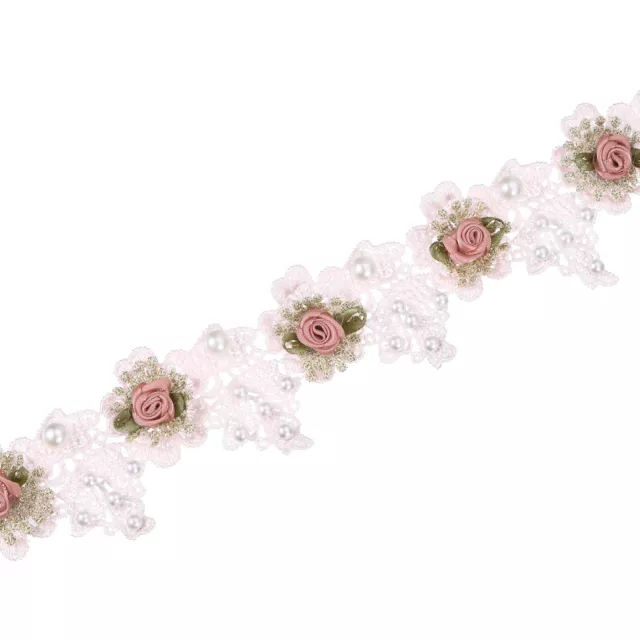 Rose Flower Embroidered Lace Trim Ribbon, 2 Yards Lace Trim, 2" Width, Pink