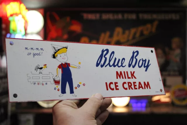 RARE 1950s BLUE BOY MILK ICE CREAM PAINTED METAL SIGN DAIRY CHILD ROOSTER FENCE