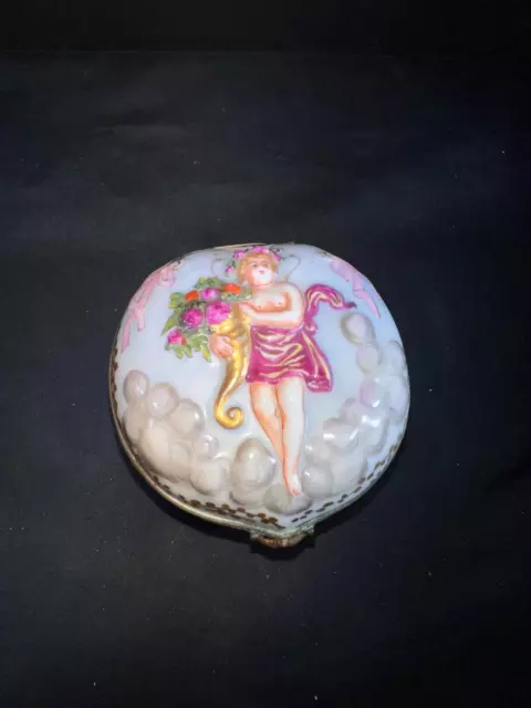 D147) Antique Capodimonte Round Porcelain Woman In Clouds Trinket Box Casket