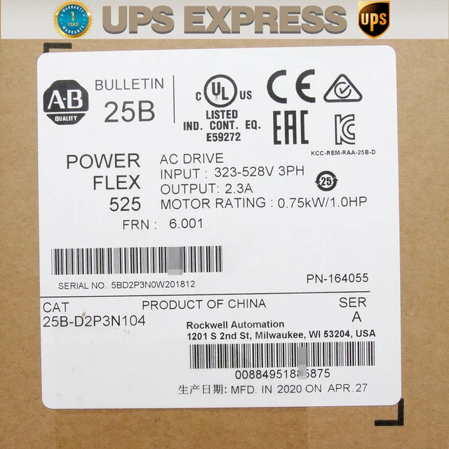 25B-D2P3N104 AB PowerFlex 525 0.75kW (1Hp) AC Drive 25B-D2P3N104 SPOT GOODS #CG