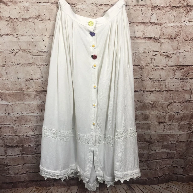 Vintage Alphorn Skirt Size 44 German  White Linen Whimsical Buttons