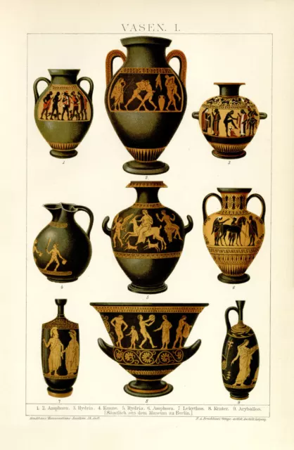 Antike griechische Vasen Amphoren historische Grafik Chromolithographie ca. 1892