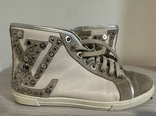 Louis Vuitton Grey Cream Leather Studded Punchy High Top Sneakers Size 37