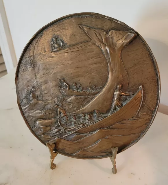 Vintage Cast Bronze Nautical Plaque Whale Scene w Men in Boats