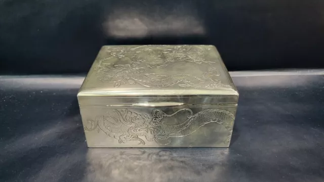 Antique Chinese Export Zee Sung Sterling Silver Humidor Box, Dragons