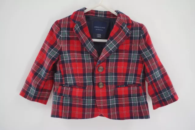 Janie And Jack Boy Blazer Sz 6-12M Tartan 100% Wool Pockets Coat Red Blue