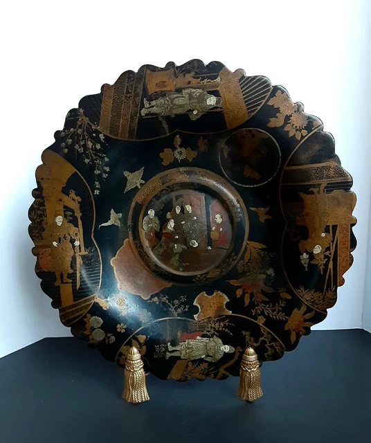 Old Paper Mache Lobed Tray Bowl Gold Oriental Portraits Birds Flora~Large Old Paper Mache Lobed Tray Bowl Gold Oriental Portraits Birds Flora~Large