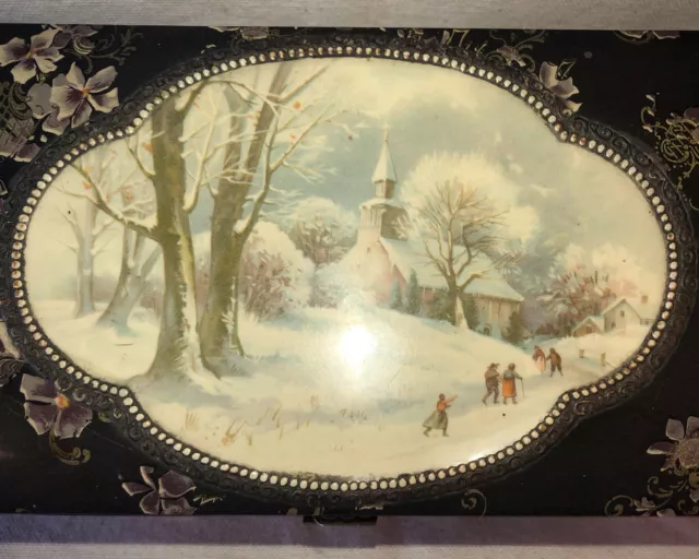 Victorian “Winter” Celluloid Glove Box w/Brass Snap Lock & Pink Taffeta Lining