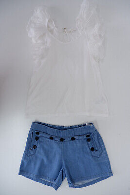 Chloe Kids Girls Outfit Set Age 10 Yrs Top T Shirt Denim Shorts White Blue