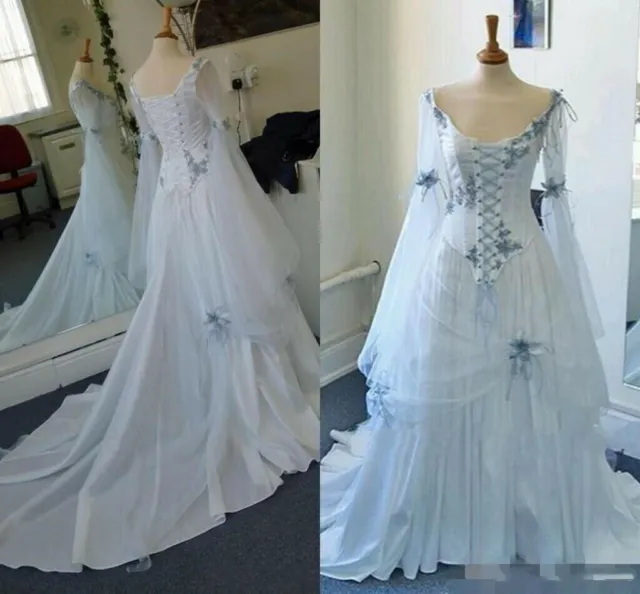 Celtic Wedding Dresses Blue Medieval Gothic Bridal Gowns Corset Long Bell Sleeve