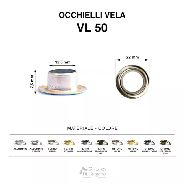 Occhielli vela VL50 conf 100/1000 pz Ø22mm alluminio ferro ottone anelli metallo