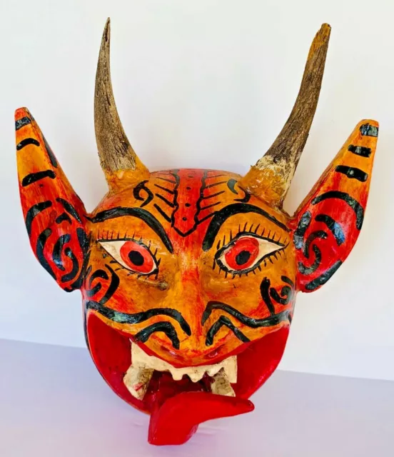 Mardi Gras Folk Art Carved Wood Face Mask Devil Diablo Lion Jaguar Goat Horns