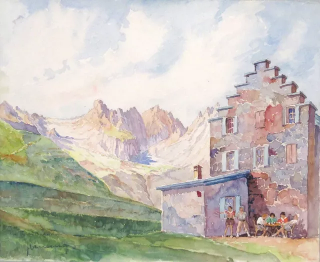 Vintage French Watercolor, Mountain Chalet, Figures, Savoy Region, French Alps