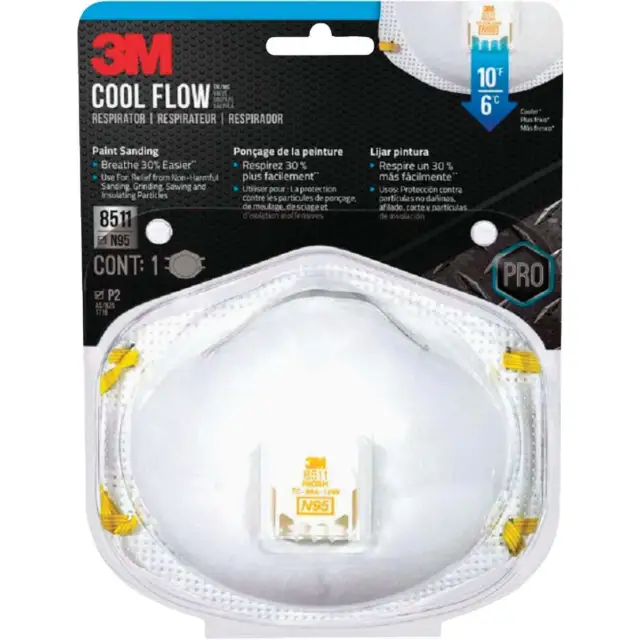 3M N95 Woodworking, Sanding and Fiberglass Valved Respirator 8511PA1-A-PS Pack