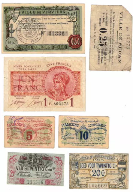 Schönes Konvolut von 7x Banknoten aus Frankreich aus dem Zeitraum 1914-1930