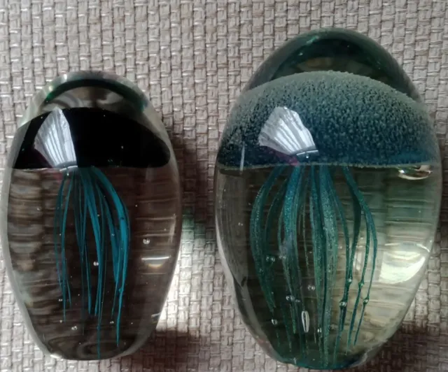 X 2 Hand Blown Vintage Art Glass Jellyfish Paperweights