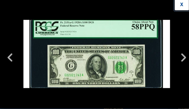 CHICAGO GOLD  Fr. 2151-G $100 1928A Dark Green Seal . PCGS 58 PPQ