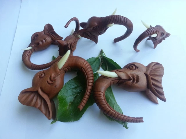 Pair Organic Sawo Wood 3D elephant Spirals EarTaper Stretcher Hang Plugs Gauges 3