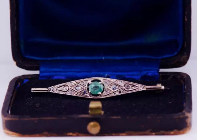 Antique Art-Deco 14k Weiss Gold Brosche Diamant Und 0.6ct Smaragd Verpackt