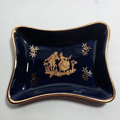 Porcelaine Limoges France Cobalt Blue, Gold Trinket Dish/Tray Courting Scene