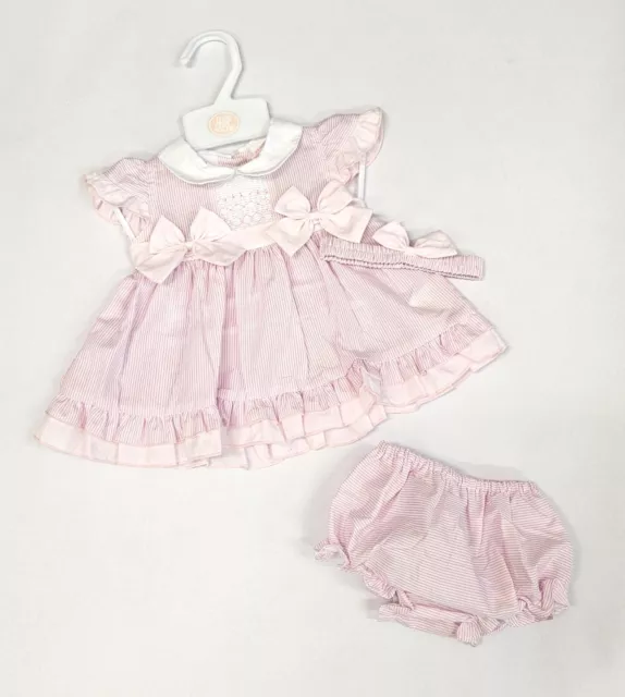 Baby girls Dress set Spanish Romany  3 pc smocked bows set pink / blue pinstripe