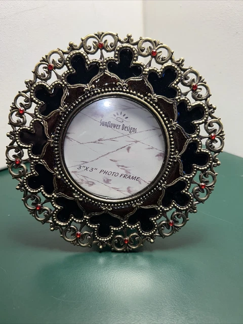 Sunflower Designs Round Picture Frame Green, Gold, Red Stones 3x3 Inch Picture