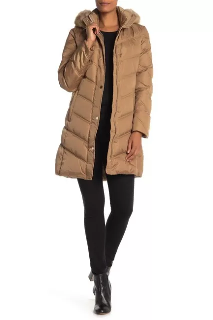 $285 MICHAEL KORS Faux Fur Trim Hooded Chevron Quilted Down Puffer Coat ...