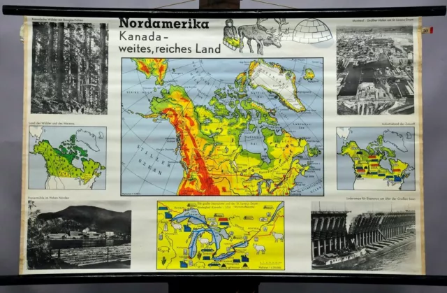 Schulwandkarte Rollbild vintage Poster Nordamerika Kanada Landkarte Landschaft