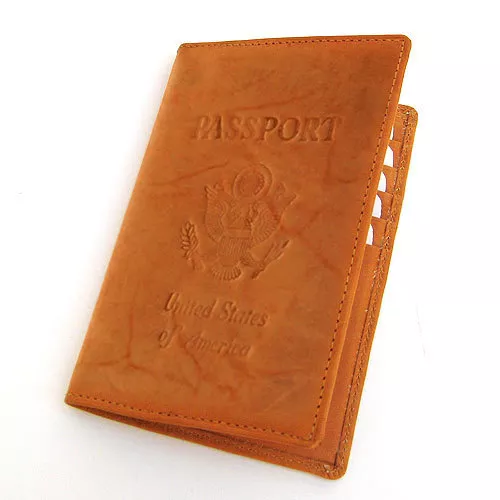 TAN USA PASSPORT FINE COWHIDE LEATHER COVER Travel Card Case Holder Wallet