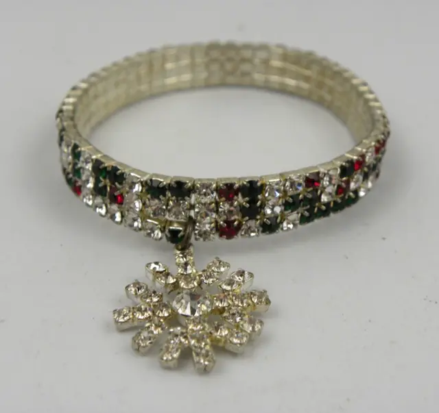 Christmas Stretch Bracelet Silver Tone Snowflake Charm Red Green Rhinestones