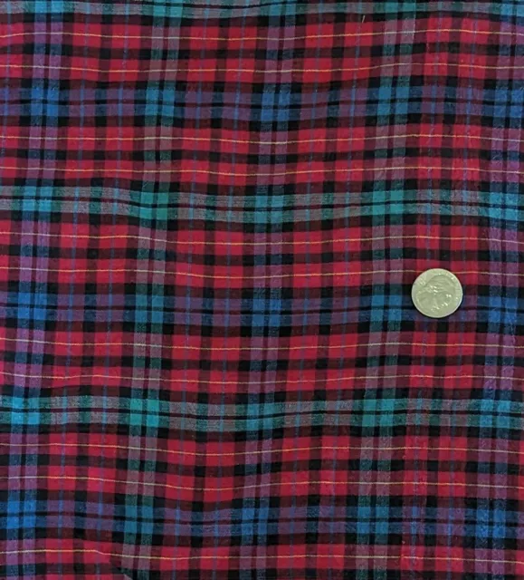 Vtg 80s Cotton Madras Plaid Fabric 1 3/8 Yds X 43" Aqua Blue Purple Red Pink