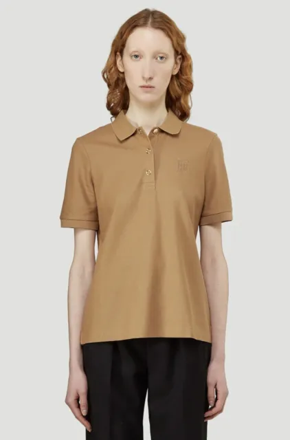 Burberry Womens Malleco Polo Cotton Shirt Monogram Motif Camel Size XXS