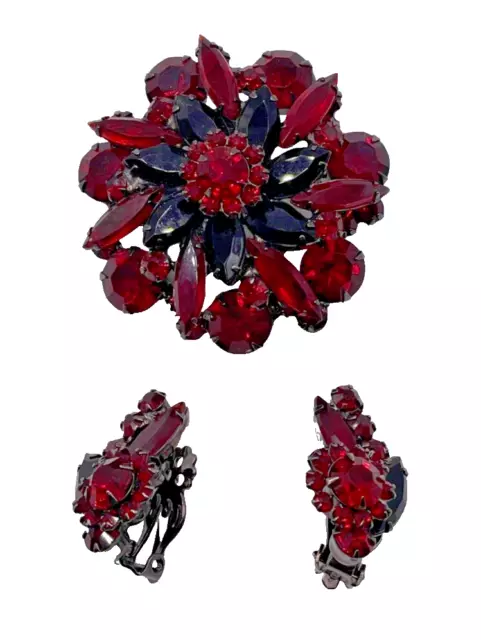 Vintage JULIANA D & E Deep Red, Black Rhinestone Brooch Earrings Set
