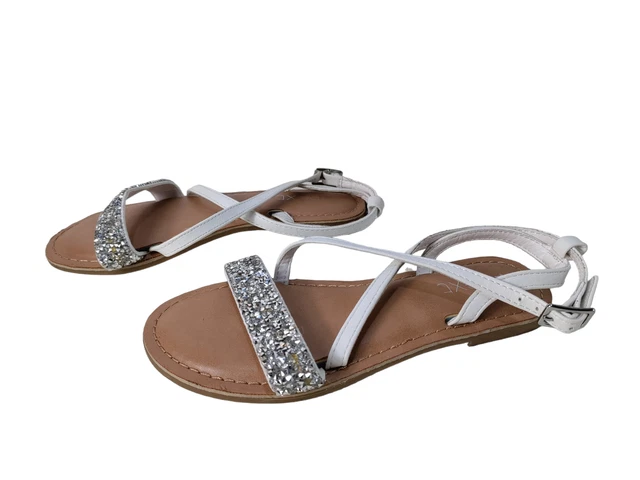 Girls Next Uk 12 White Leather Silver Crystal Embellished Slingback Sandal Shoes